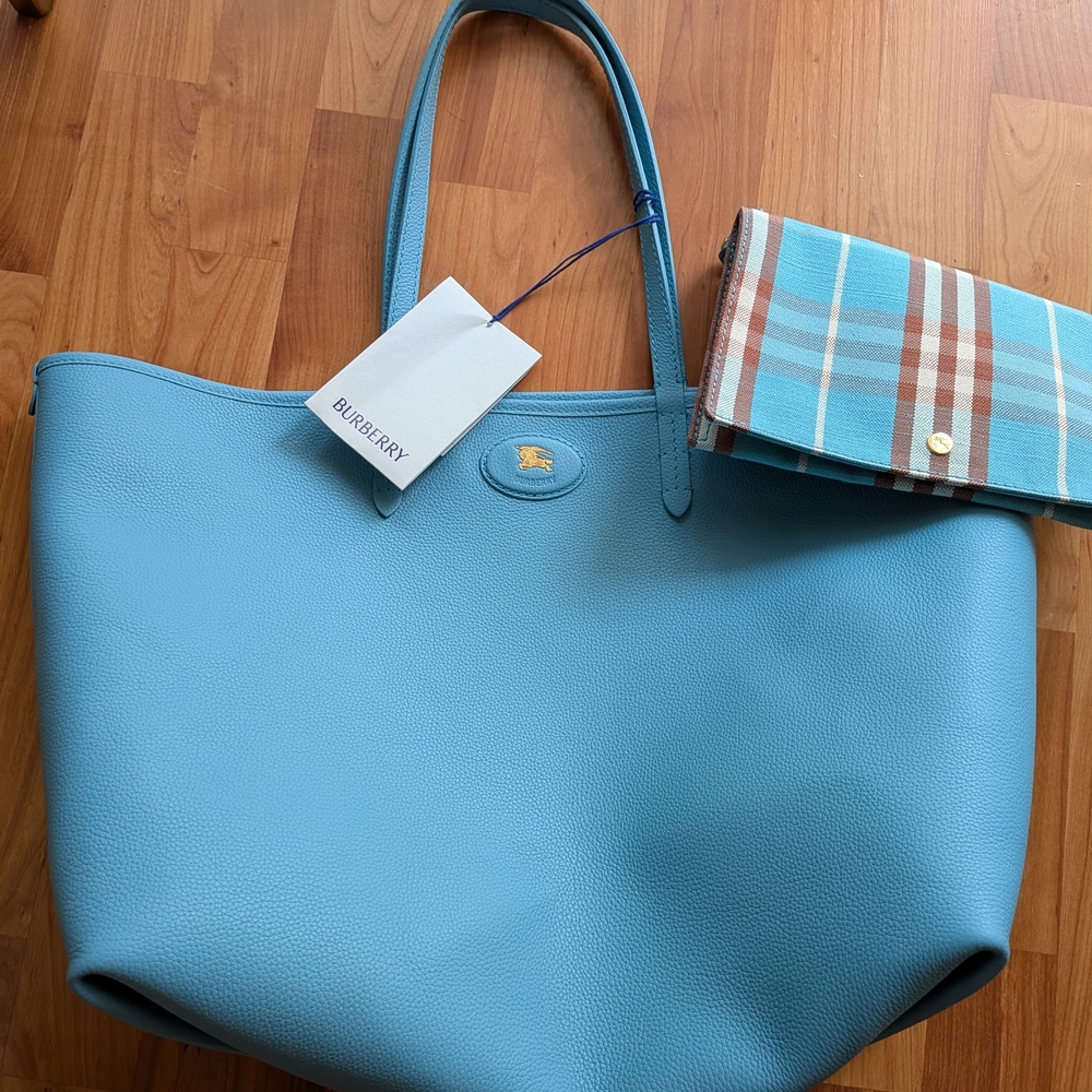 Burberry Light Blue Tote with Plaid Accent